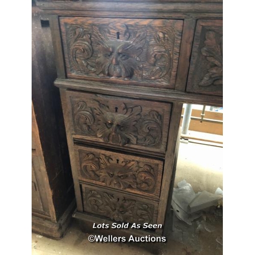 1 - OAK CARVED DESK WITH NINE DRAWERS, 41.5 X 28.5 X 29.5 INCHES / LOCATED AT VICTORIA ANTIQUES, WADEBRI... 