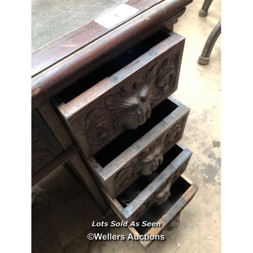 1 - OAK CARVED DESK WITH NINE DRAWERS, 41.5 X 28.5 X 29.5 INCHES / LOCATED AT VICTORIA ANTIQUES, WADEBRI... 