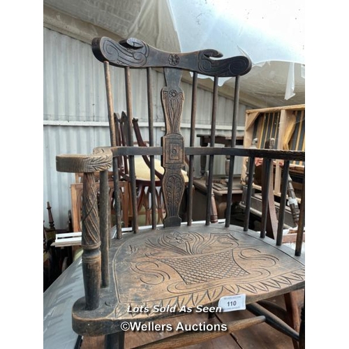 110 - OAK CARVED CHAIR, ONE SPINDLE MISSING, 45 INCHES HIGH / LOCATED AT VICTORIA ANTIQUES, WADEBRIDGE, PL... 