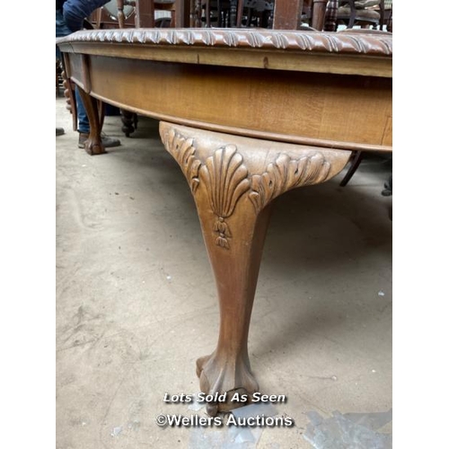 112 - LARGE CARVED DINING TABLE ON BALL AND CLAW FEET, 103 X 45 X 29 INCHES / LOCATED AT VICTORIA ANTIQUES... 