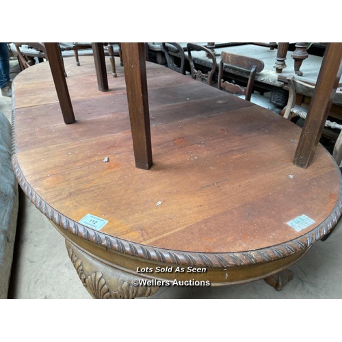 112 - LARGE CARVED DINING TABLE ON BALL AND CLAW FEET, 103 X 45 X 29 INCHES / LOCATED AT VICTORIA ANTIQUES... 