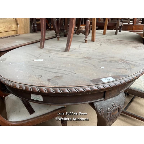 115 - LARGE OVAL EXTENDING DINING TABLE WITH BALL ON CLAW FEET, 92 X 47 X 29 INCHES, FULLY EXTENDED / LOCA... 