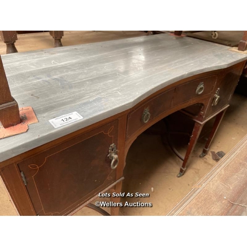 124 - MARBLE TOPPED HALLWAY TABLE WITH TWO DRAWERS AND TWO CUPBOARDS ON CASTORS, 48 X 22 X 30 INCHES / LOC... 