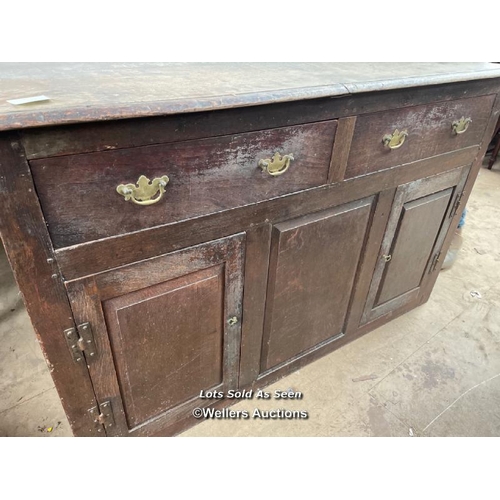 132 - ANTIQUE OAK TWO DRAWERS OVER TWO CUPBOARDS, 55 X 19 X 36 INCHES / LOCATED AT VICTORIA ANTIQUES, WADE... 