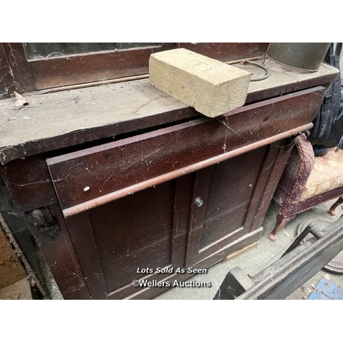 165 - MAHOGANY GLAZED BOOKCASE, IN NEED OF RESTORATION, 37 X 20 X 91 INCHES / LOCATED AT VICTORIA ANTIQUES... 