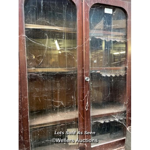 165 - MAHOGANY GLAZED BOOKCASE, IN NEED OF RESTORATION, 37 X 20 X 91 INCHES / LOCATED AT VICTORIA ANTIQUES... 