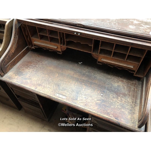 4 - ROLL TOP DESK OVER EIGHT DRAWERS, 48.5 X 29 X 46.5 INCHES / LOCATED AT VICTORIA ANTIQUES, WADEBRIDGE... 