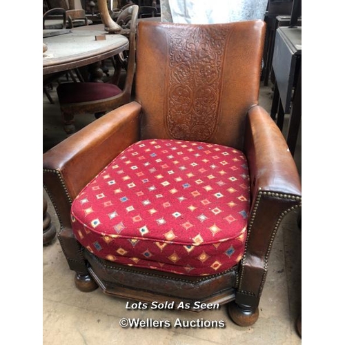 42 - PAIR OF 19TH CENTURY LEATHER CLUB CHAIRS, IN NEED OF RESTORATION, 29 X 30 X 33 INCHES / LOCATED AT V... 