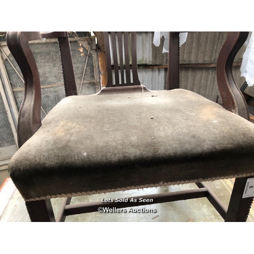 6 - UPHOLSTERED CARVER CHAIR WITH VELVET SEAT / LOCATED AT VICTORIA ANTIQUES, WADEBRIDGE, PL27 7DD