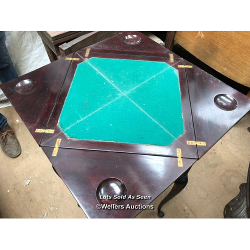 69 - SMALL GAMES TABLE WITH FOUR FOLD OUT TRIANGULAR LEAFS WITH ONE DRAWER, 28.5 X 28.5 X 28.5 INCHES / L... 