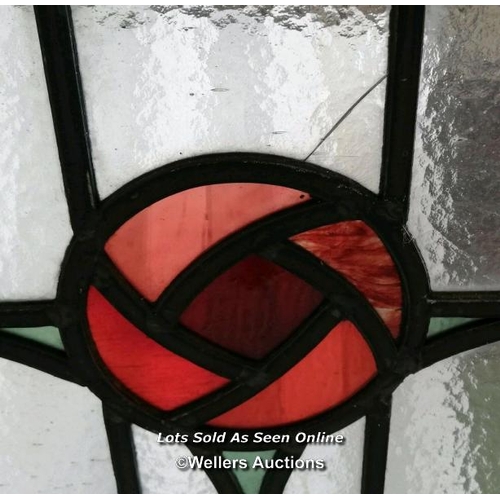 100 - Large pine stained glass arched door with Rennie Mackintosh style leaded glass. Small cracks to glas... 