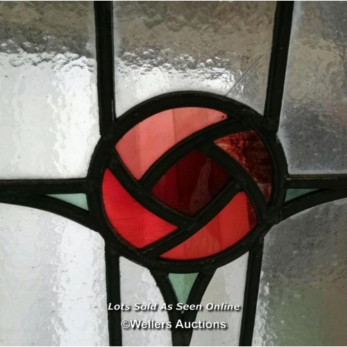 100 - Large pine stained glass arched door with Rennie Mackintosh style leaded glass. Small cracks to glas... 