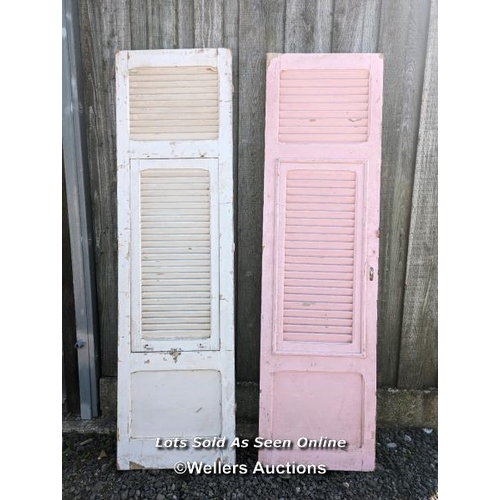 108 - 2 louvred painted french window shutters.  Approx 56cm W x 206cm T