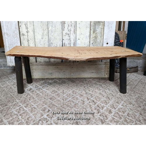 110 - Rustic cedar bench with painted ash legs, 121 cm L x 44cm H x 30-45cm D