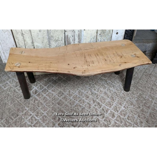 110 - Rustic cedar bench with painted ash legs, 121 cm L x 44cm H x 30-45cm D