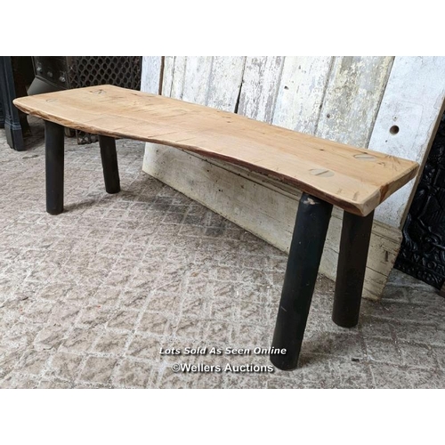 110 - Rustic cedar bench with painted ash legs, 121 cm L x 44cm H x 30-45cm D