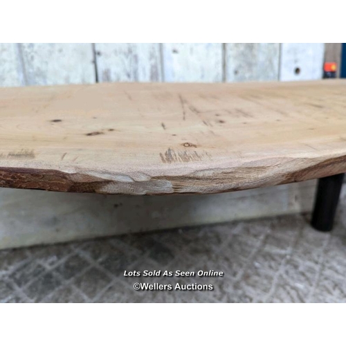 110 - Rustic cedar bench with painted ash legs, 121 cm L x 44cm H x 30-45cm D