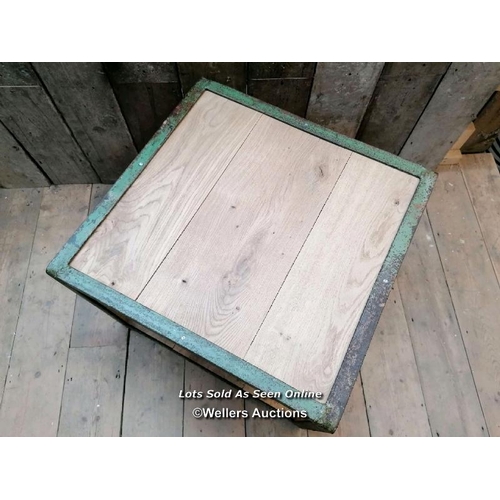 114 - Industrial metal repurposed from industrial framework with oak base and top.  Approx 60cm x 60cm x 4... 