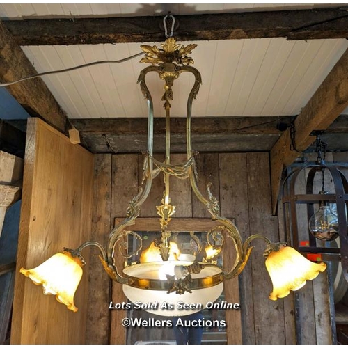 116 - French brass chandelier, with two glass shades, third damaged.  Not PAT tested.  Size approx 75cm x ... 