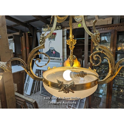 116 - French brass chandelier, with two glass shades, third damaged.  Not PAT tested.  Size approx 75cm x ... 