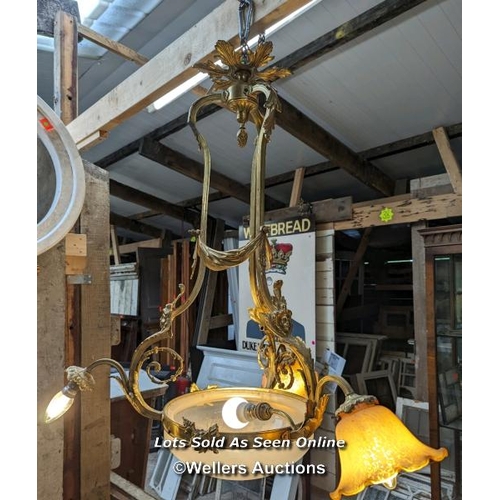 116 - French brass chandelier, with two glass shades, third damaged.  Not PAT tested.  Size approx 75cm x ... 