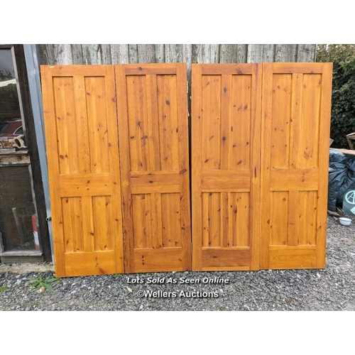 119 - 4 matching pine four panel doors, morticed and tenoned construction.  Each door 61cm x 183cm x 4cm.