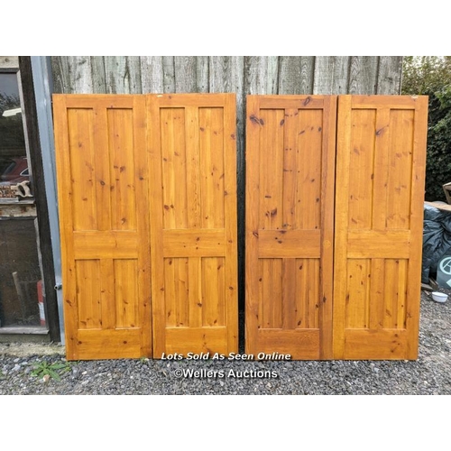 119 - 4 matching pine four panel doors, morticed and tenoned construction.  Each door 61cm x 183cm x 4cm.