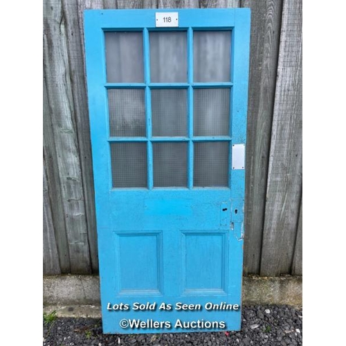 120 - Reclaimed pine school door with 9 glazed panels, 6 of them with wired safety glass. 92cm x 200cm x 4... 