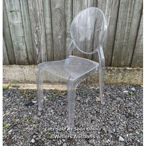 121 - Clear plastic 'ghost chair', 89cm x 41cm x 41cm.