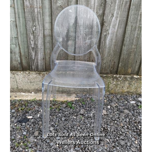 121 - Clear plastic 'ghost chair', 89cm x 41cm x 41cm.