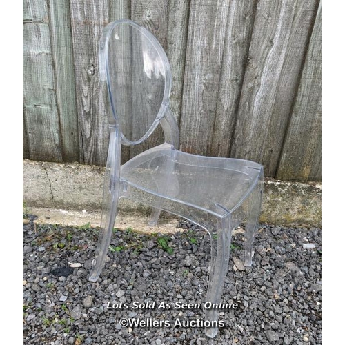 121 - Clear plastic 'ghost chair', 89cm x 41cm x 41cm.