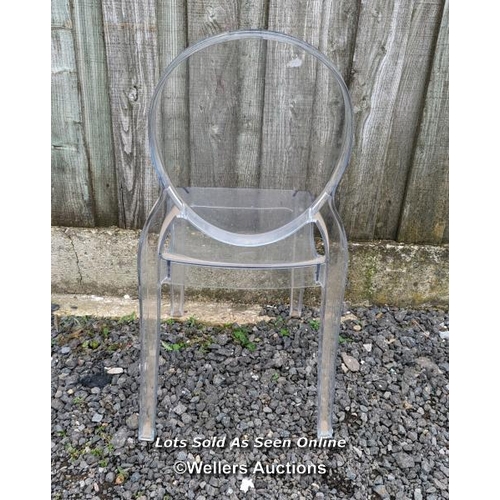 121 - Clear plastic 'ghost chair', 89cm x 41cm x 41cm.