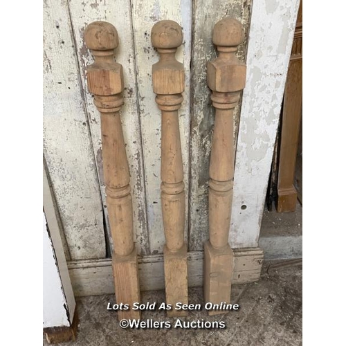 126 - Hand carved columm and 3 turned pine newel posts.