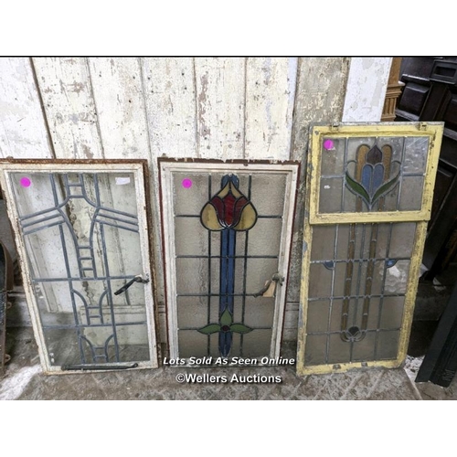 130 - 3 crittall windows with stained glass panels. Art Nouveau designs. Some minor damage. Sizes approx 5... 