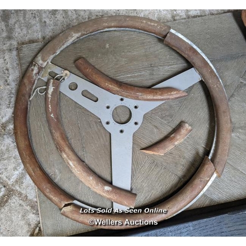 137 - 3 motoring related framed prints and 1 vintage steering wheel, 38cm diameter, for restoration