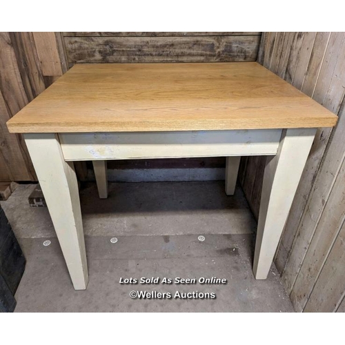 14 - Table with oak top and painted pine removable legs for transport. Legs bolt on. Top 75cm x 90cm. Hei... 