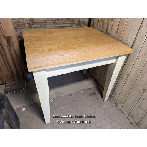 14 - Table with oak top and painted pine removable legs for transport. Legs bolt on. Top 75cm x 90cm. Hei... 