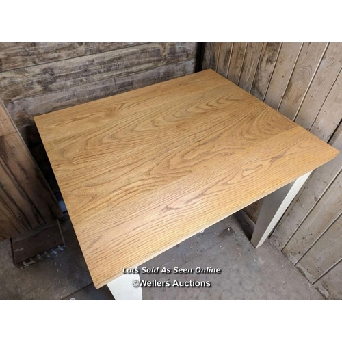 14 - Table with oak top and painted pine removable legs for transport. Legs bolt on. Top 75cm x 90cm. Hei... 