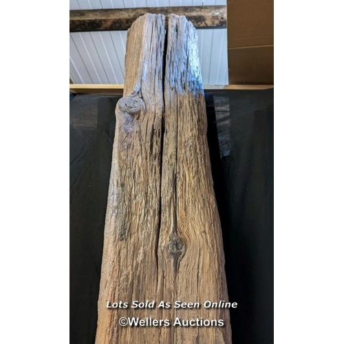 146 - Large rustic pine beam, wire brushed, and waxed. Lengh 254cm, 15cm x 20cm.