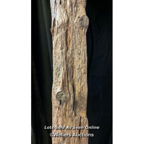 146 - Large rustic pine beam, wire brushed, and waxed. Lengh 254cm, 15cm x 20cm.