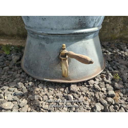 16 - Galvanised washer, hopper or planter with brass tap (not tested) and lid.  52cm high. 48cm across.