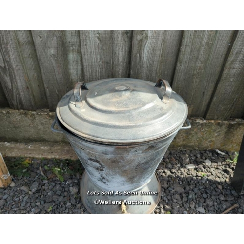 16 - Galvanised washer, hopper or planter with brass tap (not tested) and lid.  52cm high. 48cm across.