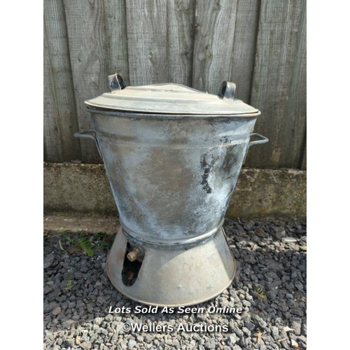 16 - Galvanised washer, hopper or planter with brass tap (not tested) and lid.  52cm high. 48cm across.