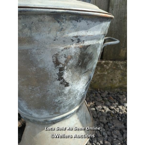 16 - Galvanised washer, hopper or planter with brass tap (not tested) and lid.  52cm high. 48cm across.