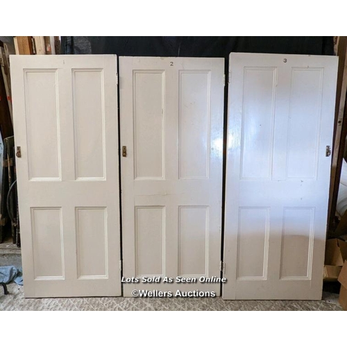 161 - 3 painted pine Victorian 4 panel doors. Sizes 75cm x 180cm x 3.5cm. 76cm x 180cm x 3.5cm. 75.5cm x 1... 