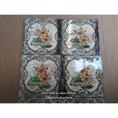 19 - Set of 10 Victorian transfer printed fireplace tiles. Some holes and mastic on the tiles