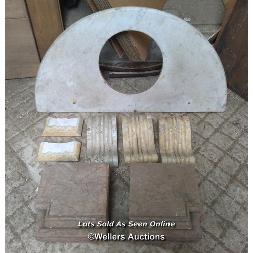 20 - Batch of marble items inc fire corbels, a semi circular sink top 91cm x 46cm, 2 marble fire base/ker... 