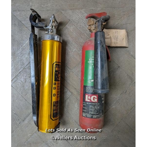 25 - Mixed lot. Vintage fire extinguishers, horse brasses, tin with draughts pieces, old tins