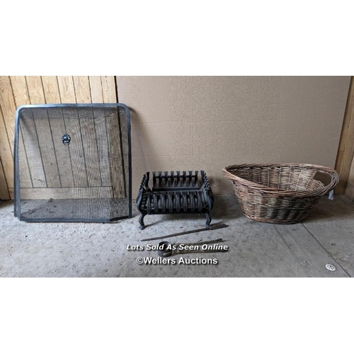 26 - Firebasket, log basket, fire tools and fire guard. Firebasket 41cm x 33cm