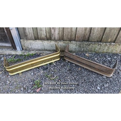 27 - 2 brass fire fenders. Polished fender is 87cm x 31cm. Unpolished fender is 82cm x 25cm